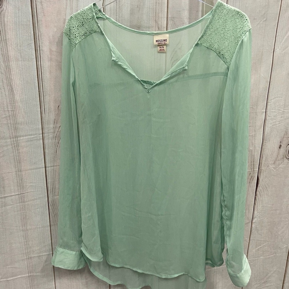 Mossimo Mint Green Lace Shoulder Roll Tab Sleeve Sheer Blouse XL - Picture 2 of 7